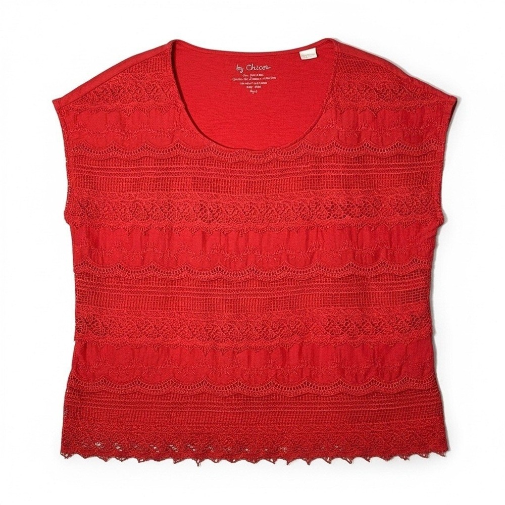 Chicos Red Lace Overlay Embroidered Cotton Knit Top Scoop Neck Size 2 L Large